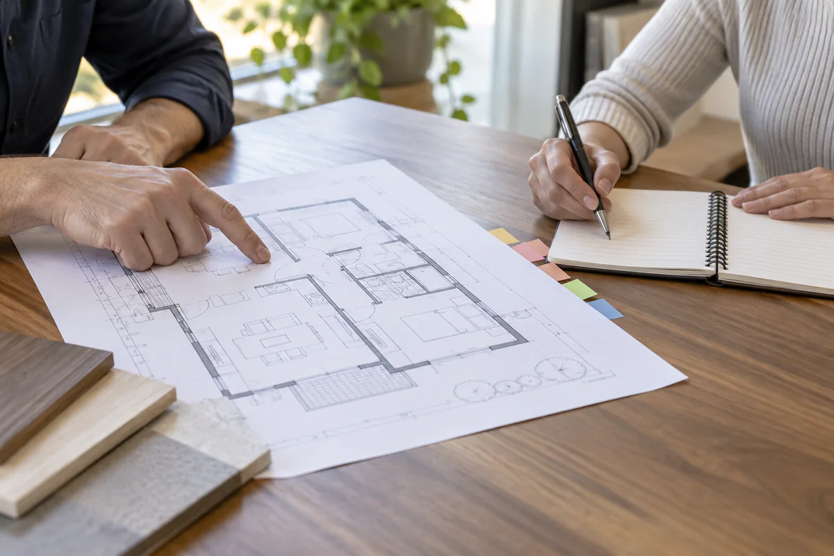 Two people review a floor plan while one records notes
