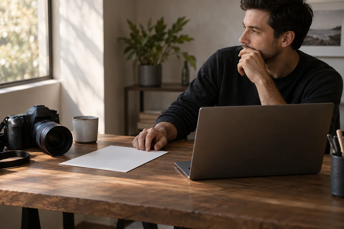 A photographer pauses at a laptop beside a camera and blank page