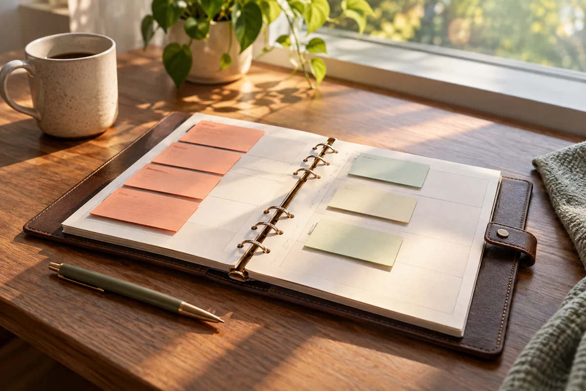 Colored cards are arranged across the pages of an open planner.