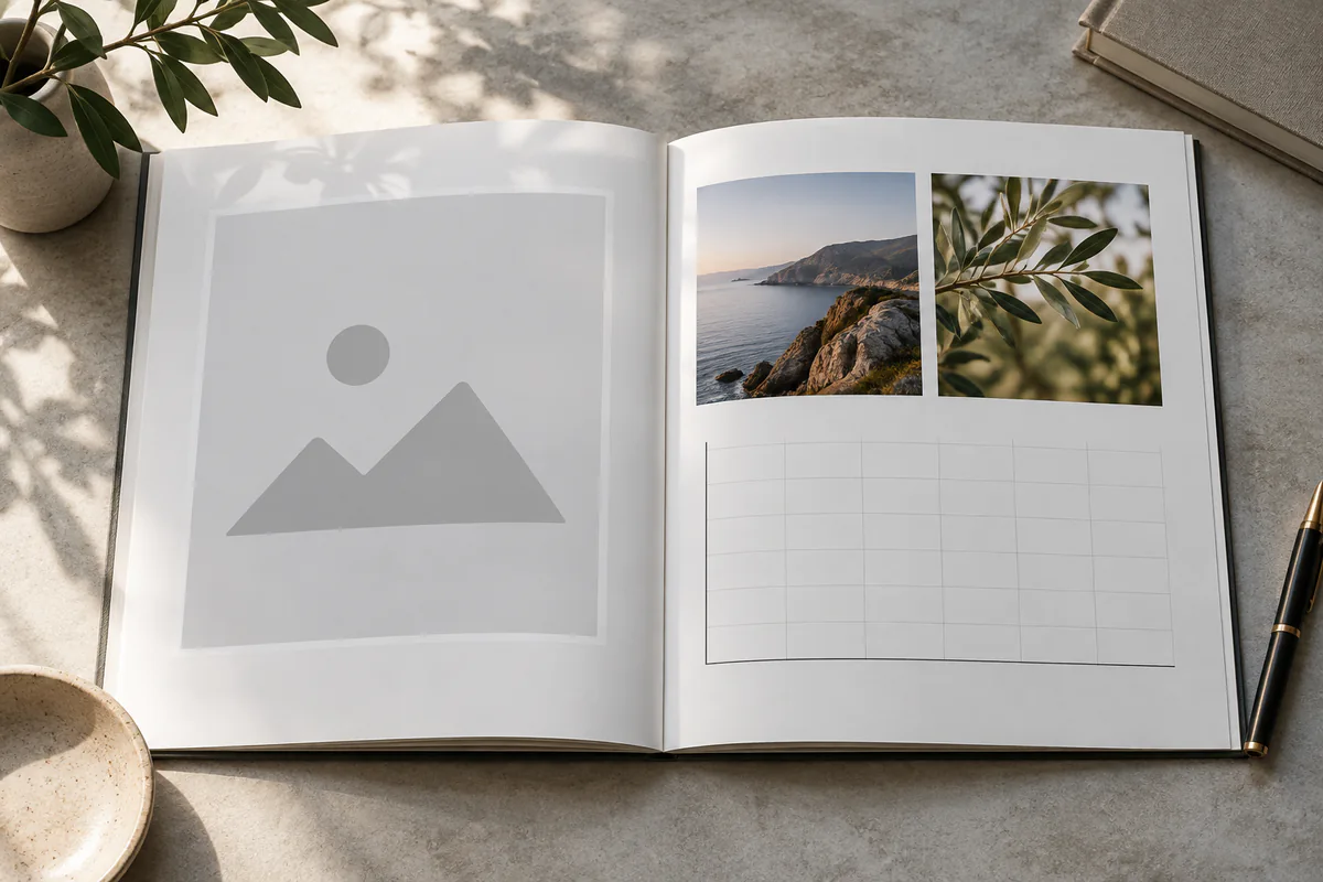 A portfolio layout pairs an empty image area with photographs and a blank evidence table.
