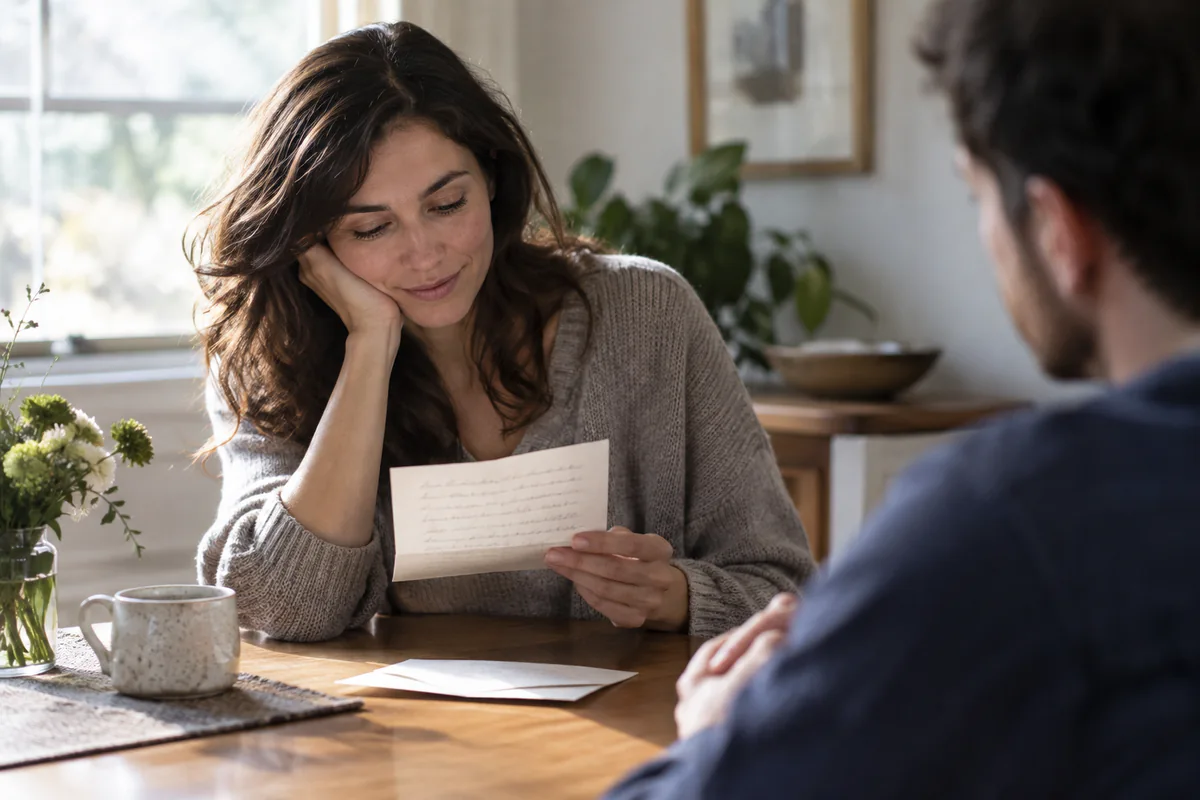 A woman reads a note before speaking with another person.