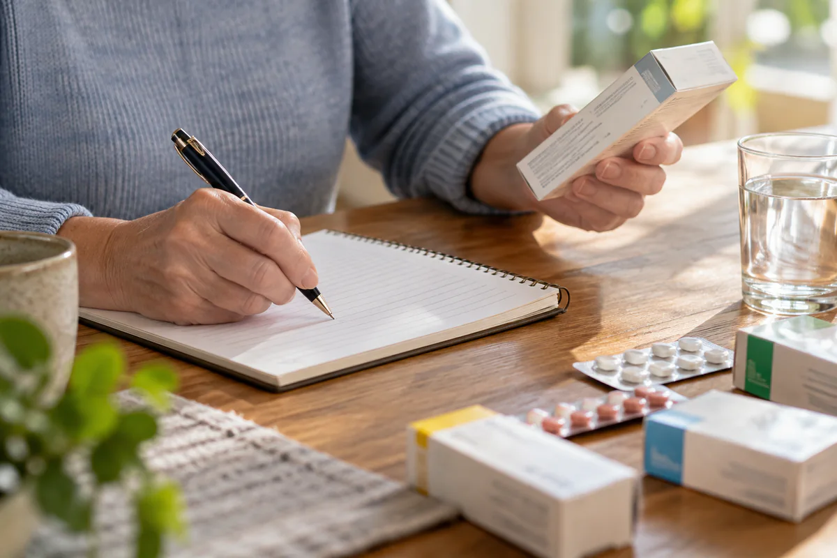 A person records information from original medicine packaging in a notebook.
