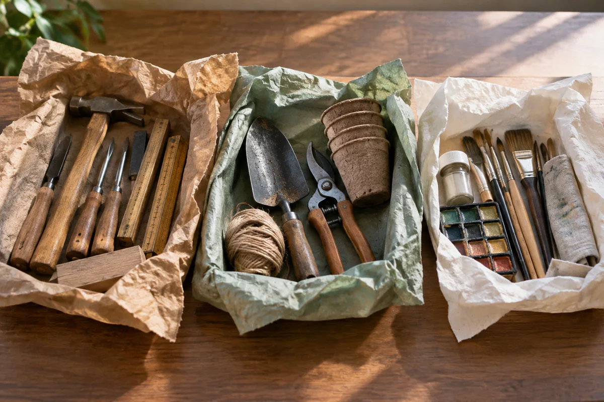 Three separate packages contain woodworking, gardening and painting tools.