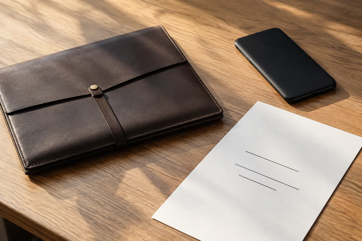 A closed document folder sits beside a phone and a small note sheet.