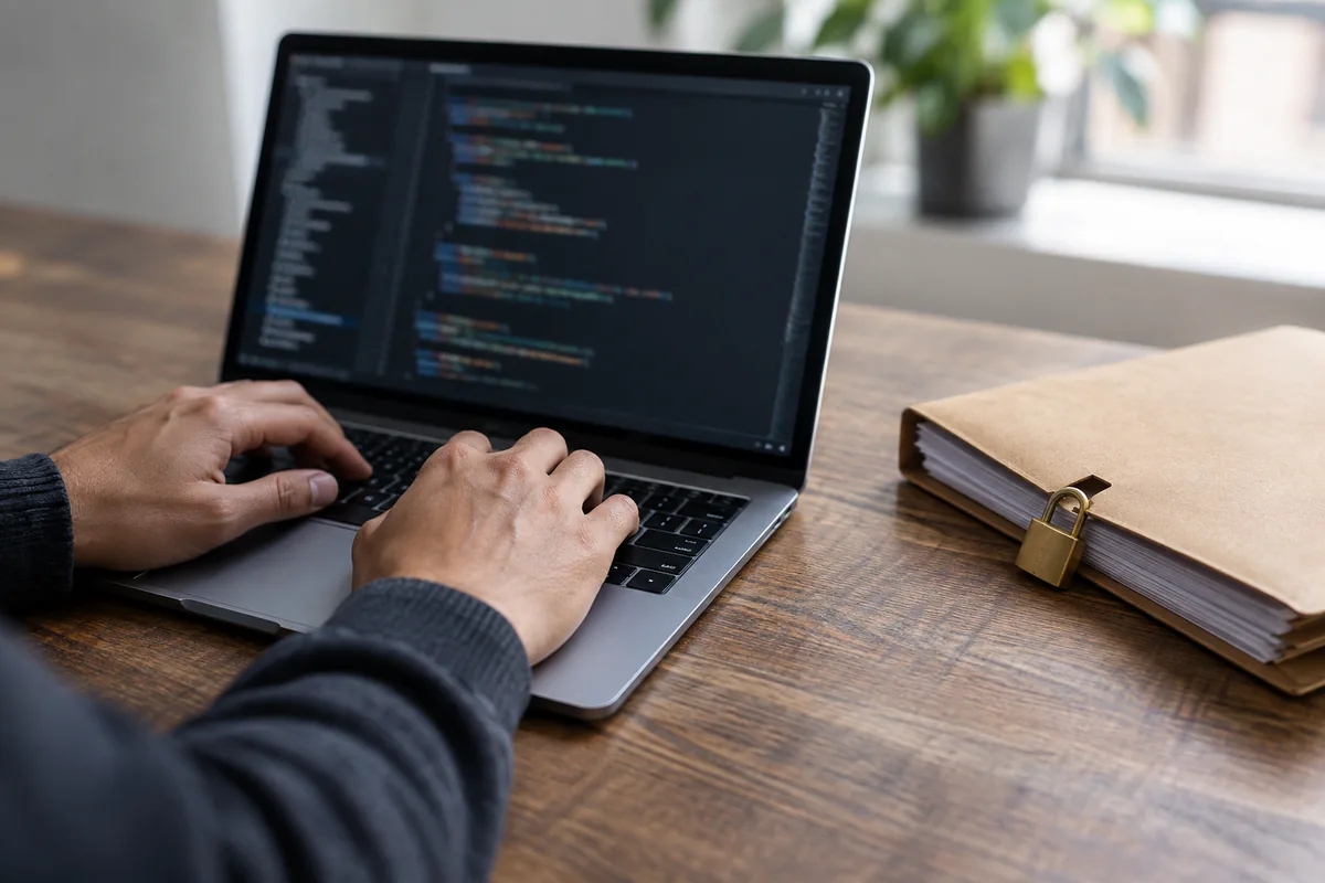 A developer working on abstract code beside a closed document folder
