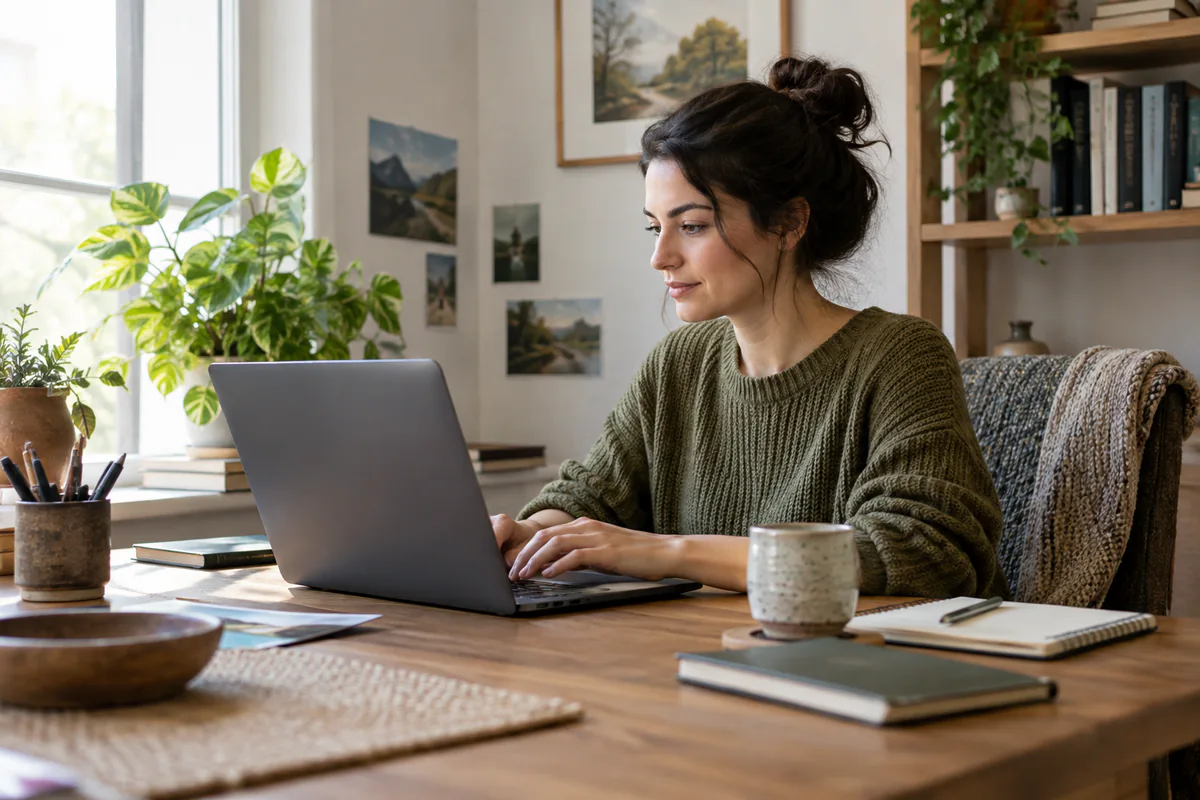A person works at a private local laptop with reference material nearby