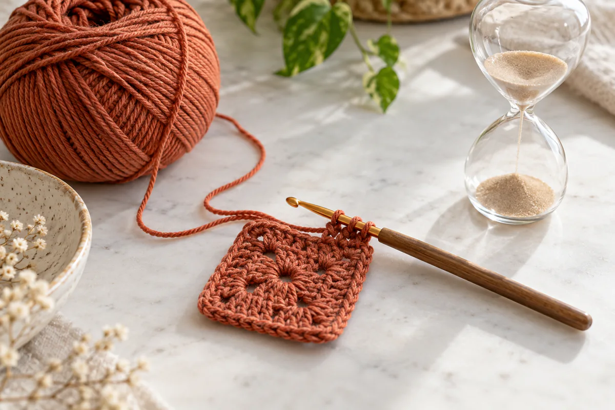 A small crochet project and its yarn sit beside a glass hourglass.