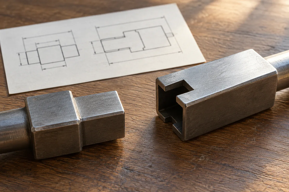 Two incompatible metal components are compared with a technical drawing