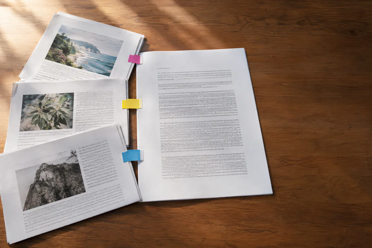Colored page tabs connect a draft to its exact source excerpts