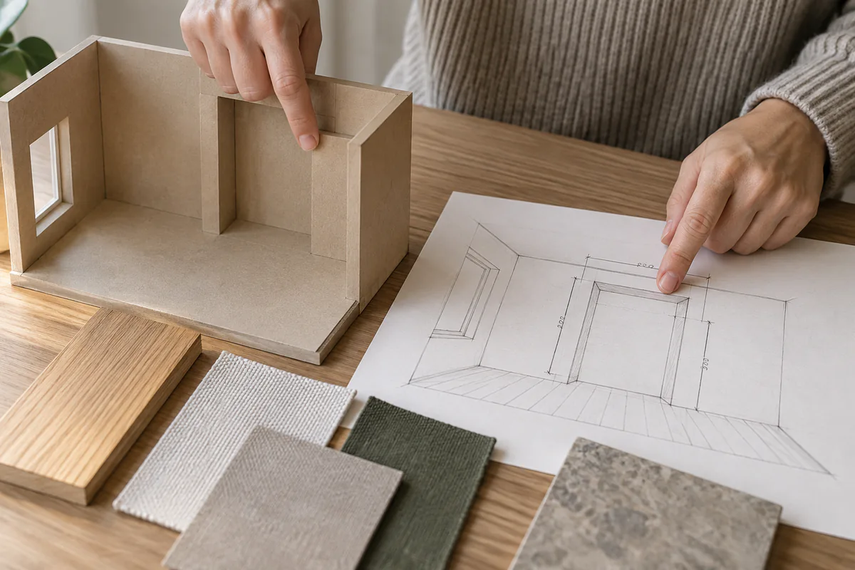 Hands compare a small cardboard room model with a pencil sketch and material samples