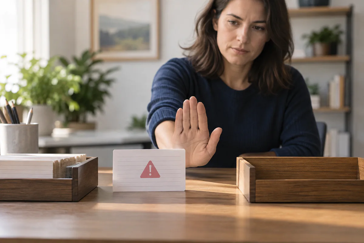 A person stops a suspicious task card before it reaches an outgoing tray