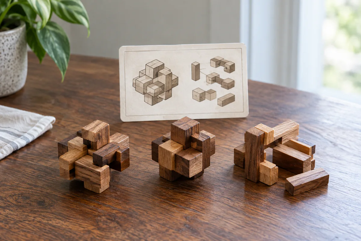 Three wooden puzzle attempts sit beside their reference drawing