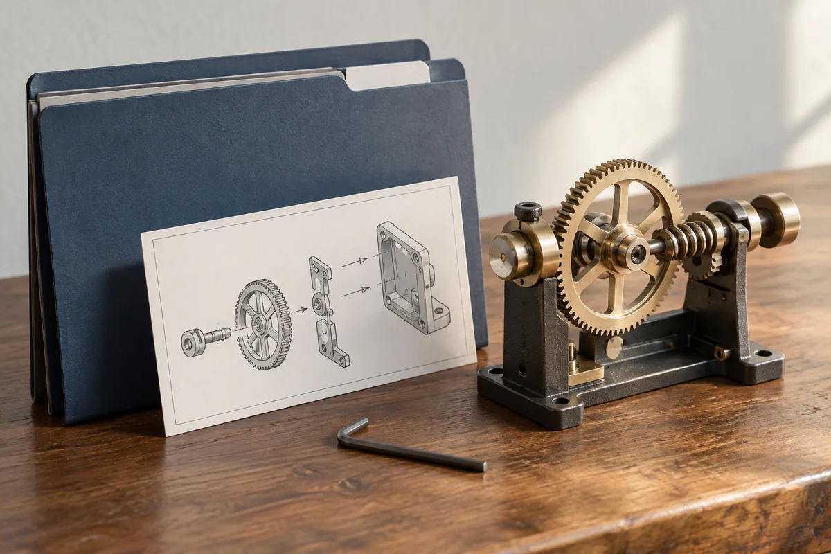 A reference folder and instruction card support an adjustable mechanism