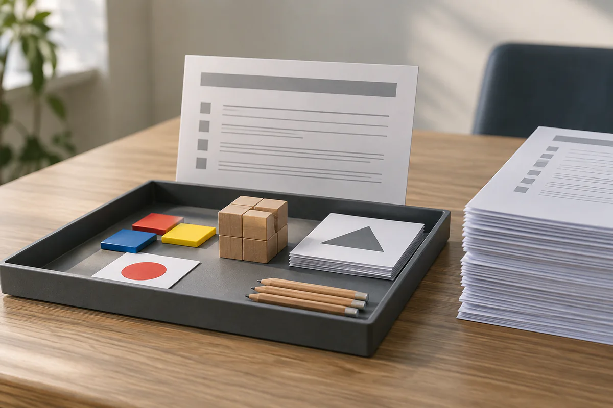 A revised instruction card waits behind a varied test tray before release