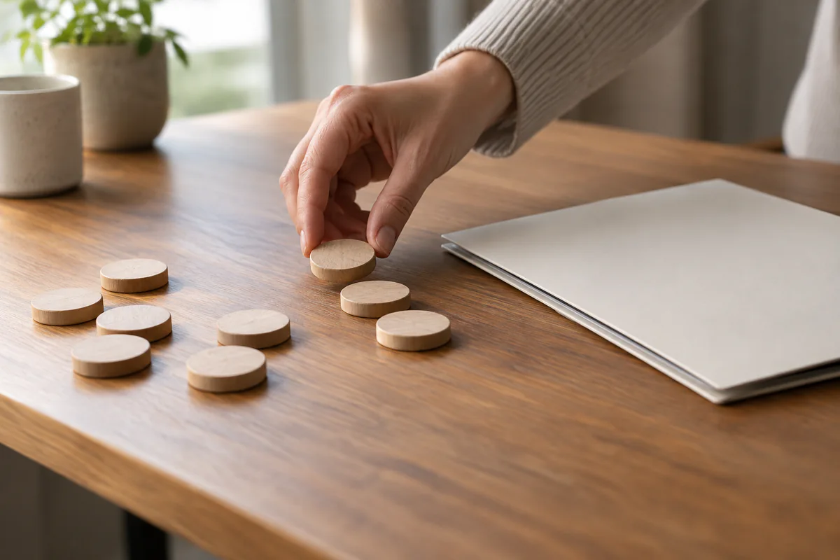 A hand sequences plain task tokens beside a closed proposal folder