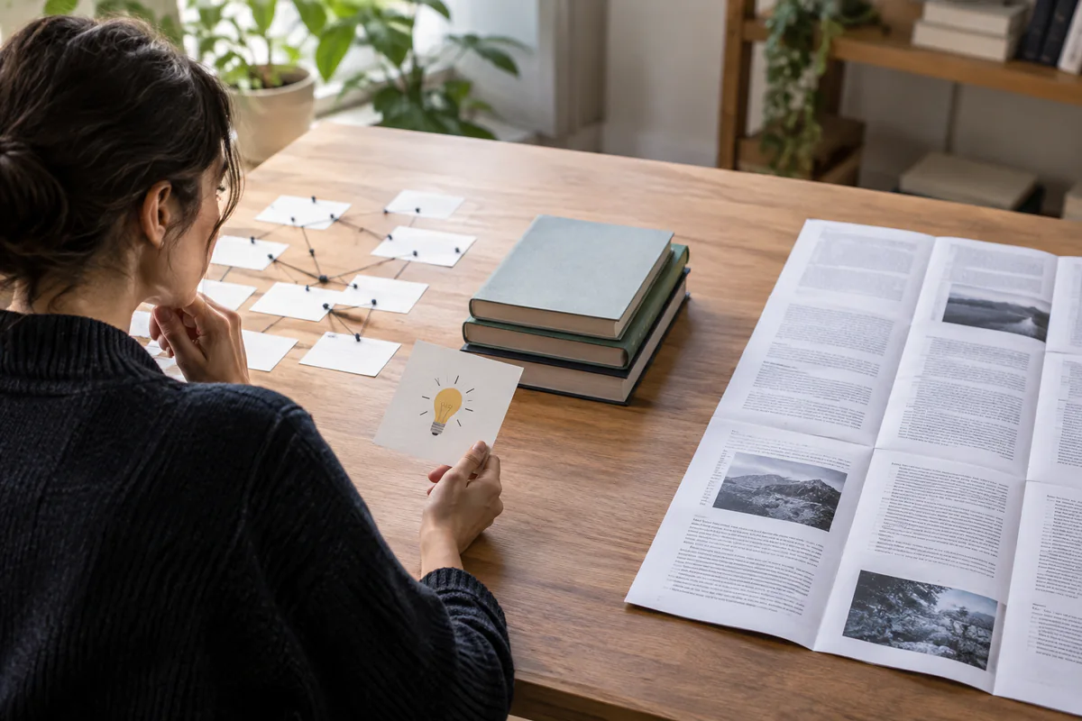 A researcher compares a card network, compact source stack, and long document