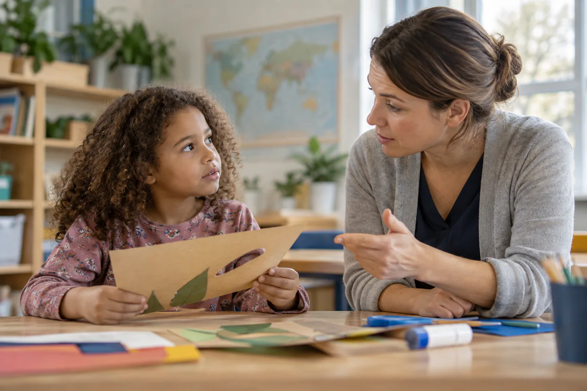 A child discusses their unfinished craft with a teacher
