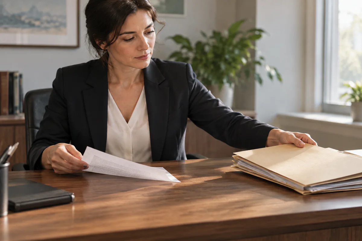 A worker selects the relevant policy document from a folder.