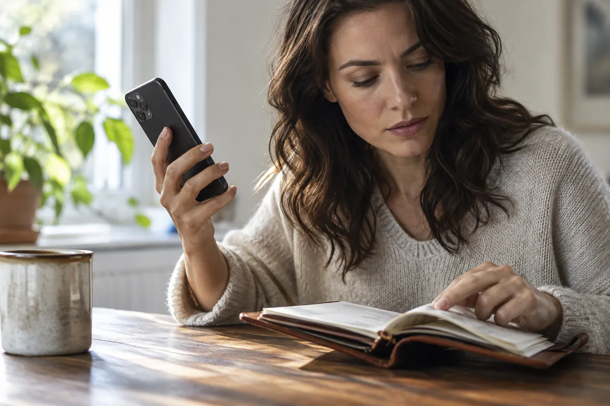 A woman holds a phone away from her ear while consulting a notebook.