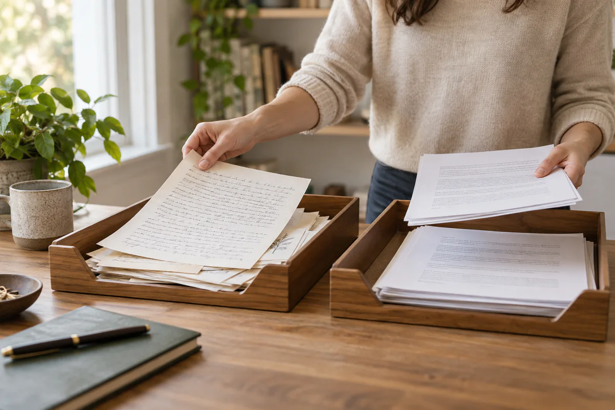 Personal handwritten work is kept separate from routine formatted documents