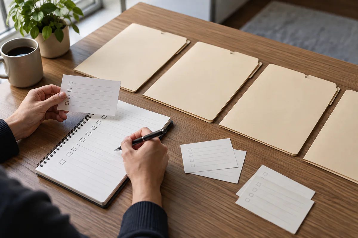 Hands sort blank cards beside three unmarked folders and a checklist