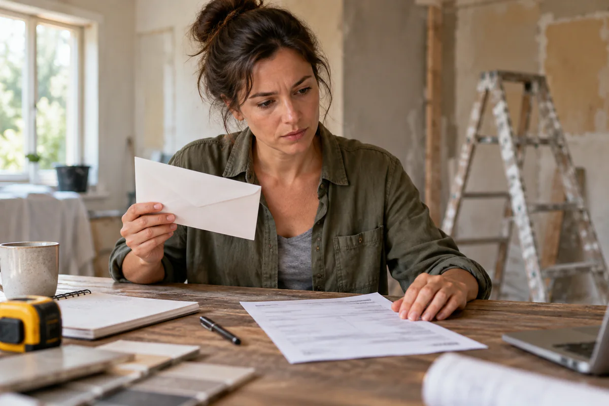 A homeowner compares an envelope and paperwork in a room being renovated