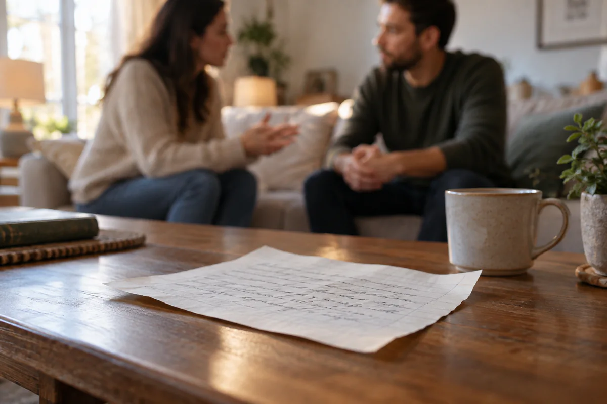 A handwritten note on a table while two adults talk in the background