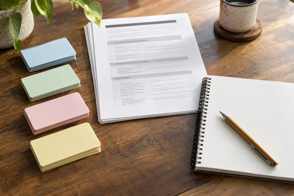 An open notebook beside a blank study plan and four stacks of colored cards