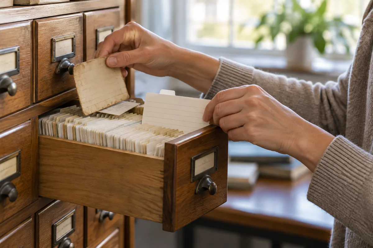 A person replaces an outdated indexed card with a revised version