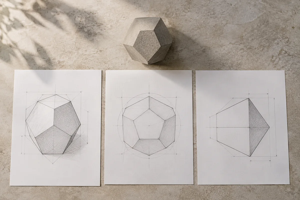 Three drawings sit beside the same geometric reference object.
