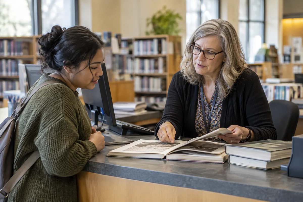 A visitor checks source material with a librarian.