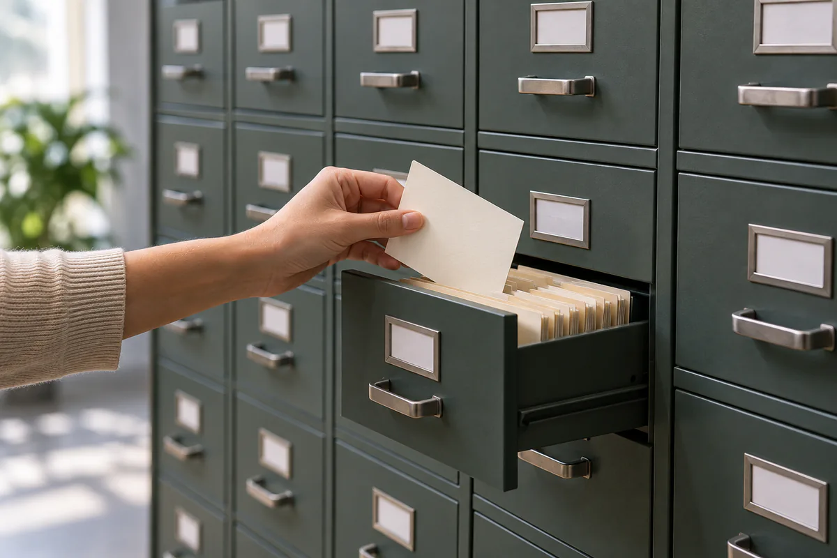 A hand files one permitted card while nearby archive drawers stay closed