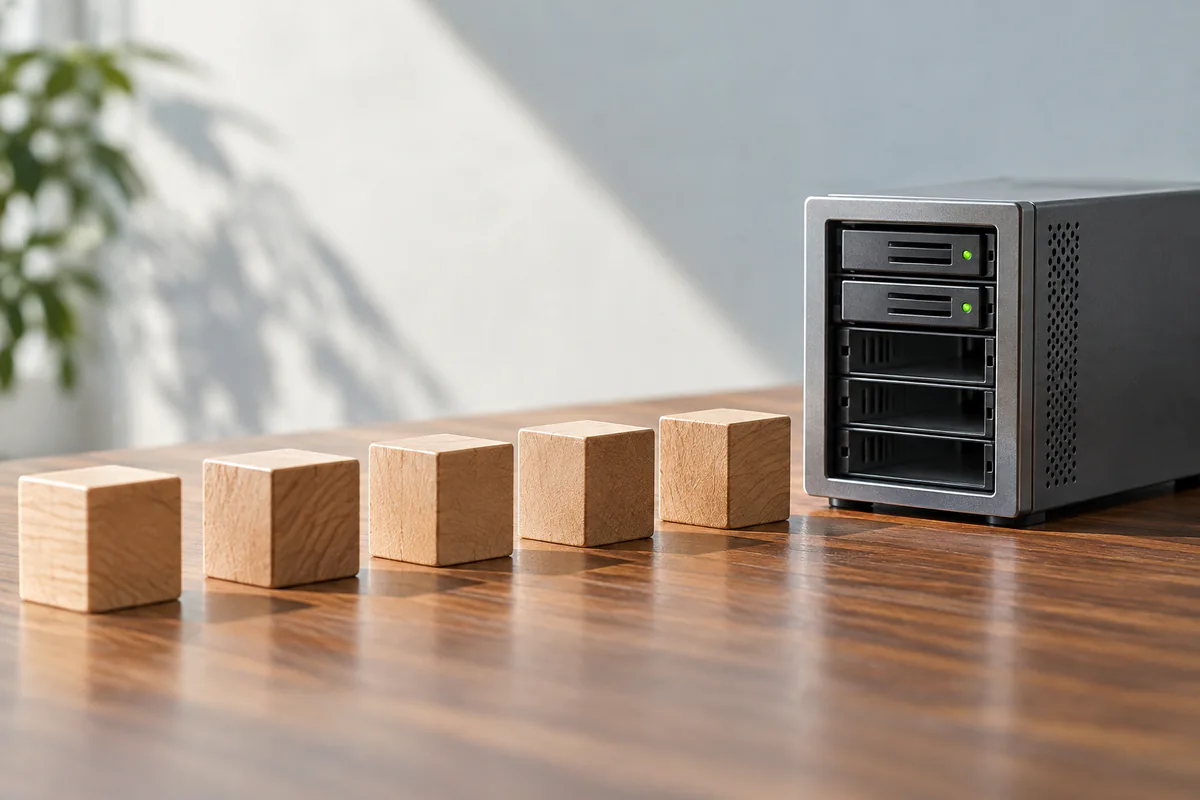 A sequence of capacity blocks leads toward a small local server