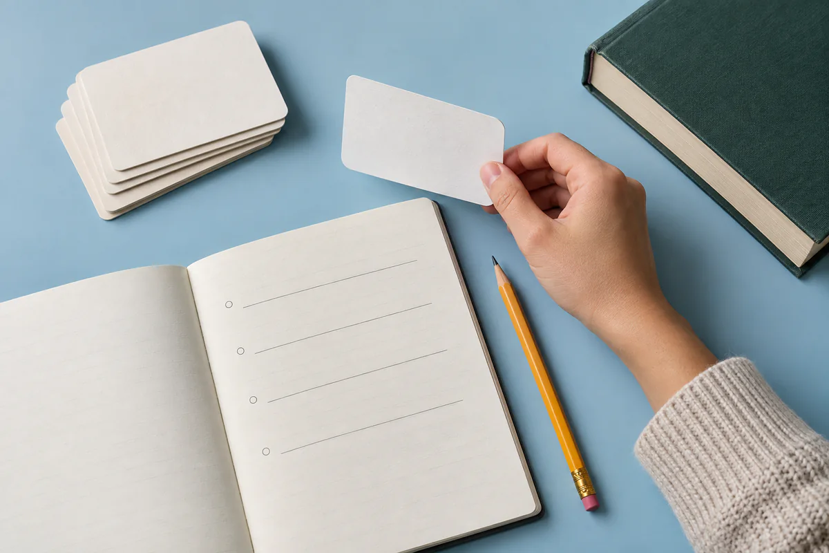 A hand turns over a blank question card beside an answer notebook and a closed textbook.