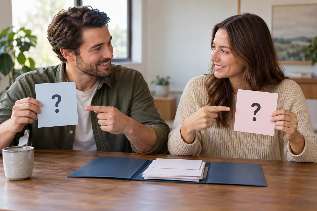 Two adults each hold a question card across an open folder.