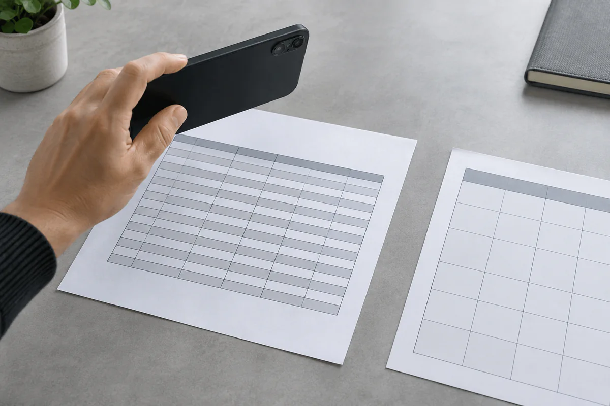 A phone camera is held over a printed table beside another grid.