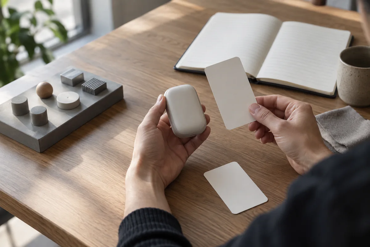 A person compares an unbranded product prototype with blank test cards