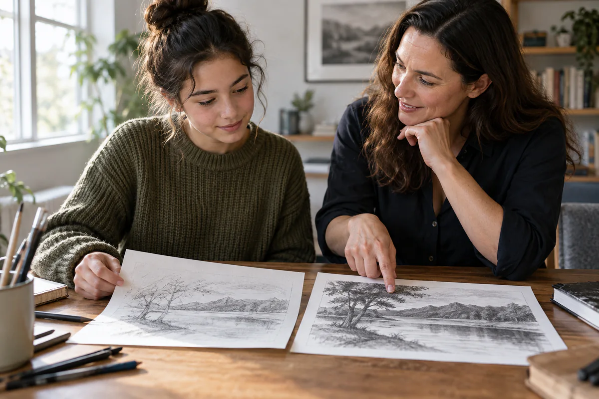 A learner and mentor compare two landscape drawings