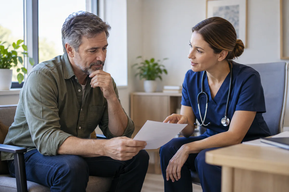 A clinician discusses a printed page with a seated adult