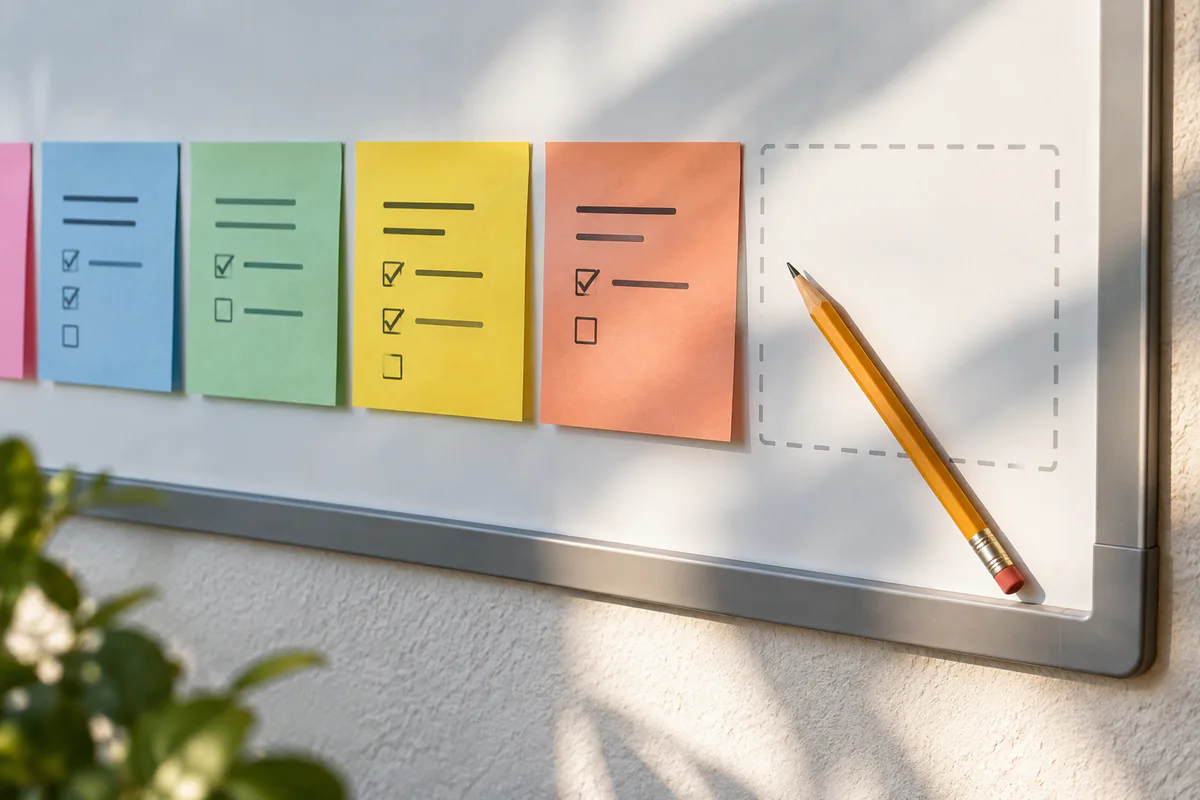 A row of task cards leaves one clearly outlined empty space.