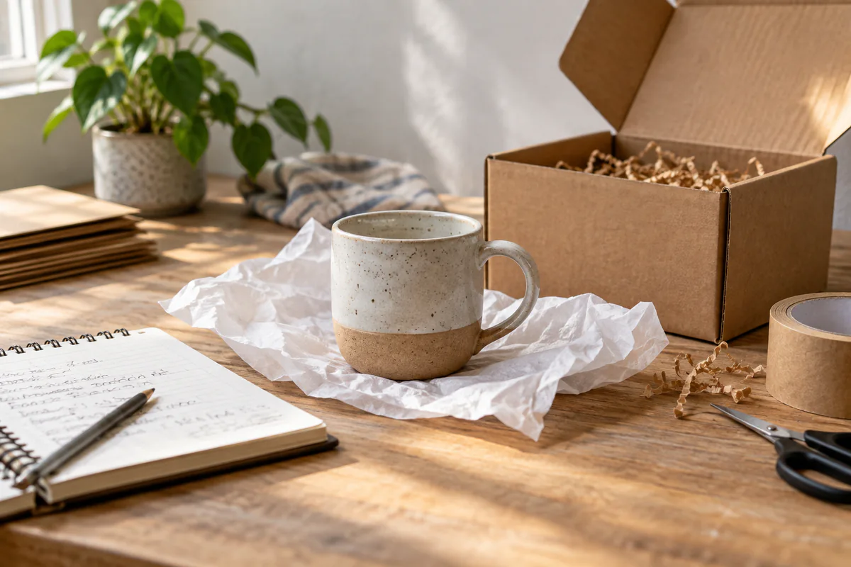 A ceramic mug beside packing materials, a shipping box and a notebook