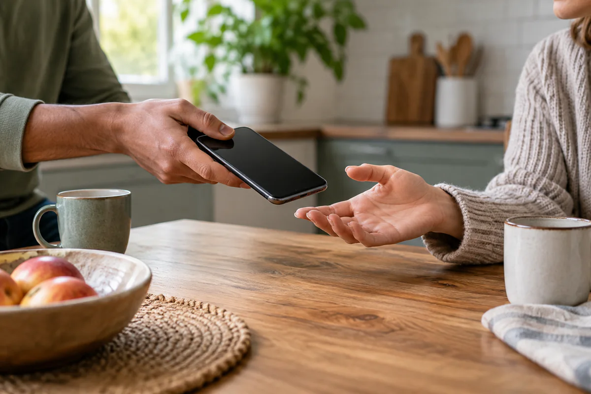 One person hands a phone to another person who is ready to help.