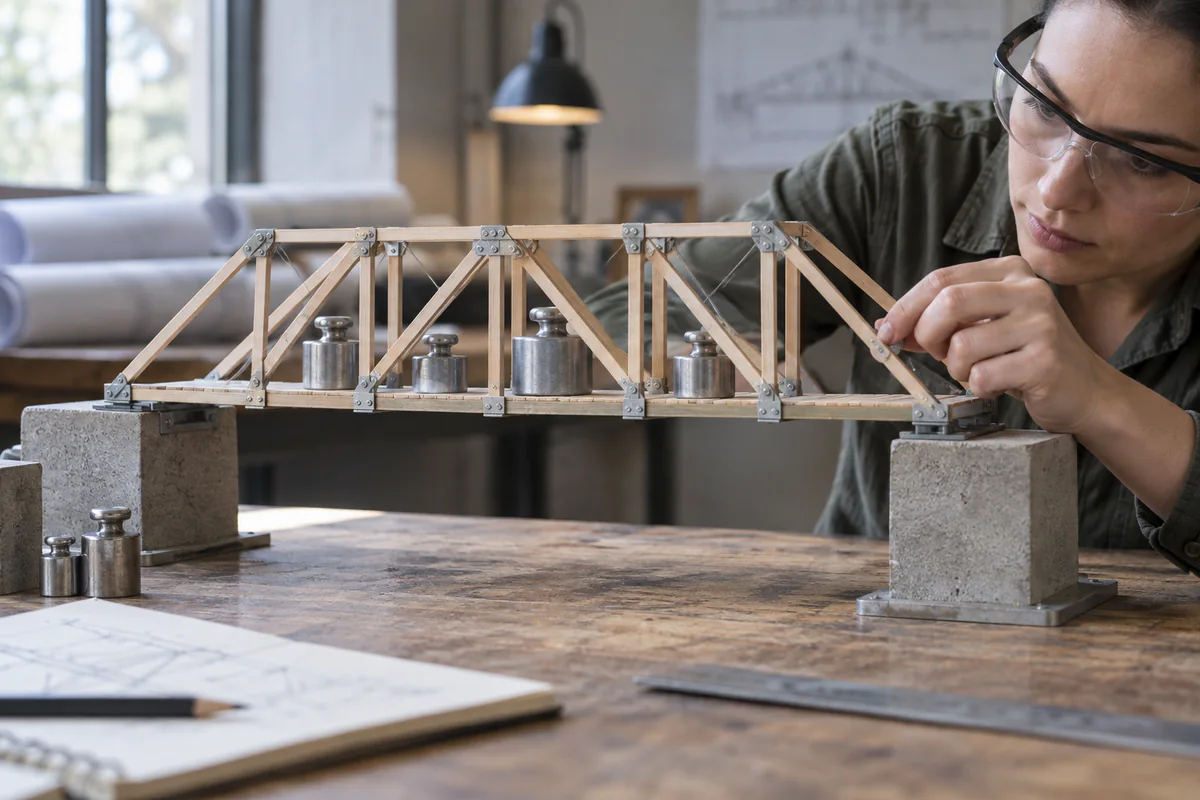 A person examines the joints of a small model bridge.