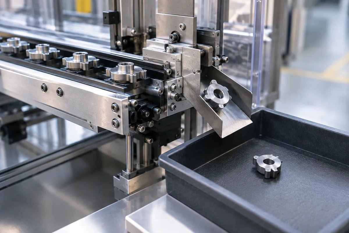 A malformed component is diverted to a manual inspection tray