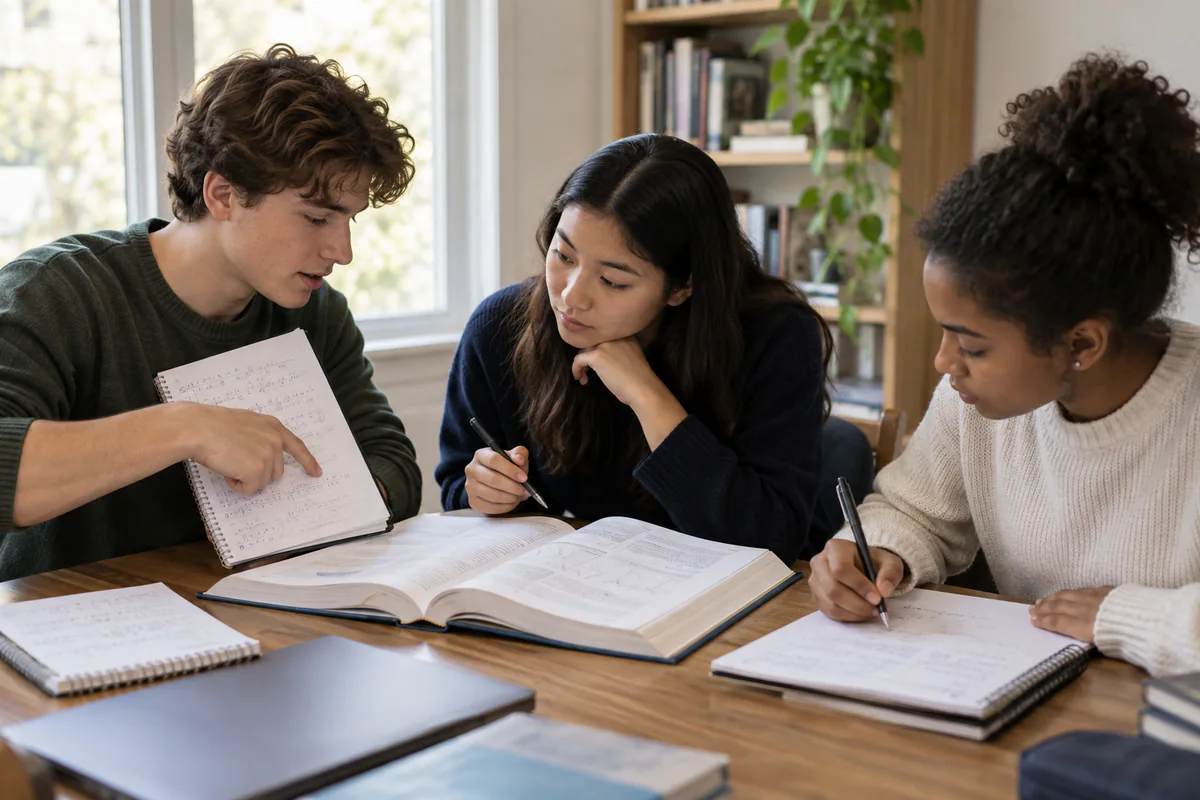 Students compare attempted solutions against a shared textbook