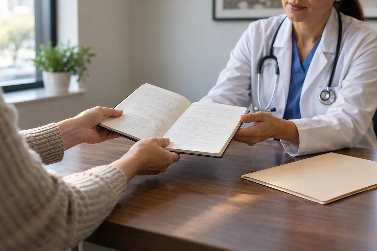 A person shares an open notebook with a doctor.