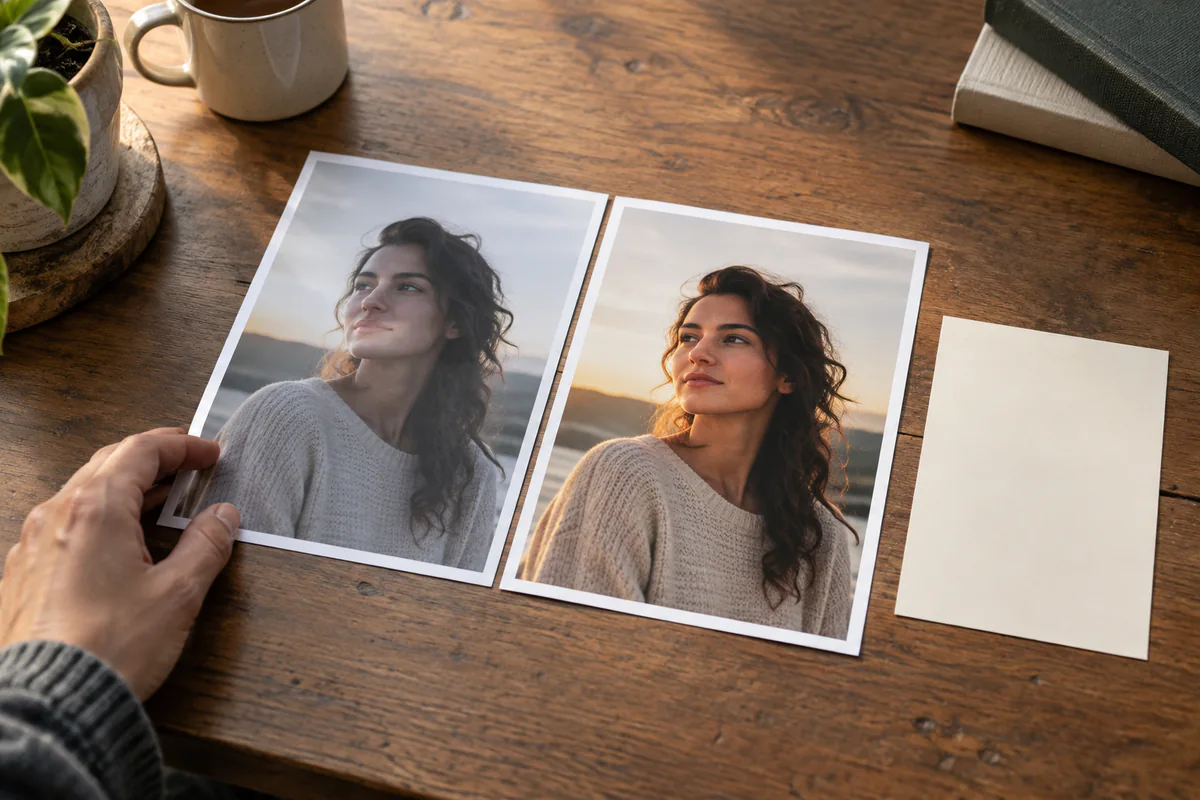 Two versions of a portrait placed side by side with a blank note card
