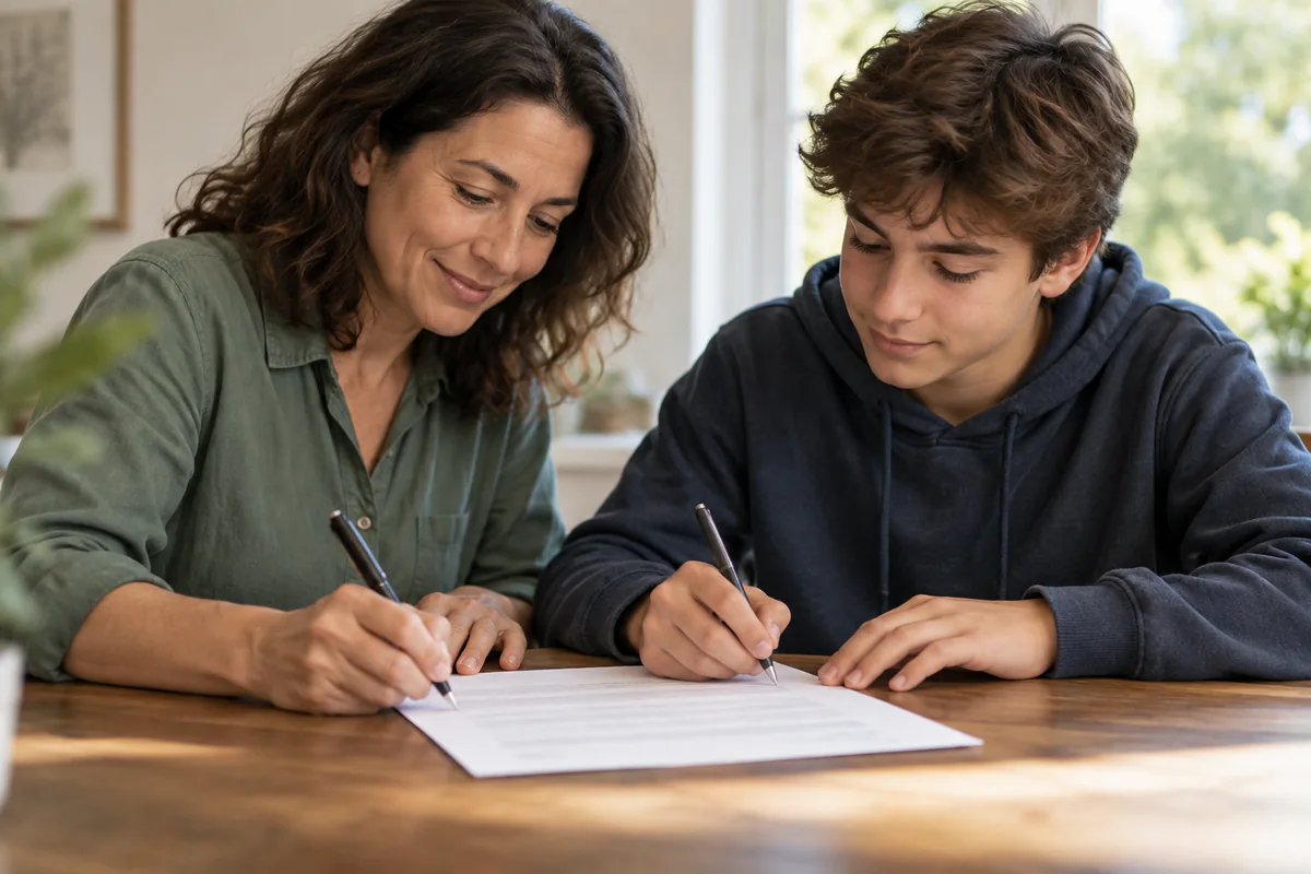 A teenager and caregiver work on a shared written agreement.