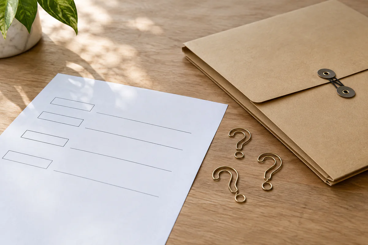 A blank form beside small brass question marks and a document folder