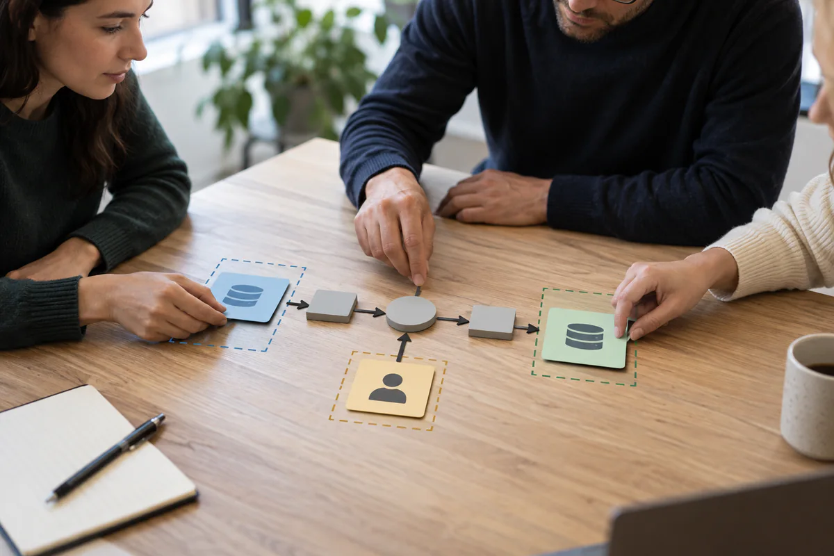 A team maps people, data, and process steps with physical cards